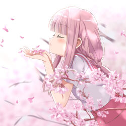 Rule 34 | 1girl, adapted costume, blowing, blunt bangs, blush, braid, branch, buttons, cherry blossoms, closed eyes, flower, from side, hands up, kamihama university affiliated school uniform, long hair, low ponytail, magia record: mahou shoujo madoka magica gaiden, mahou shoujo madoka magica, parted lips, petals, pink flower, pink hair, profile, red sailor collar, red skirt, rikopin, sailor collar, school uniform, serafuku, shirt, short sleeves, side braids, sidelocks, skirt, solo, tamaki iroha, very long hair, white shirt