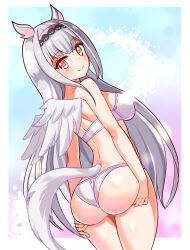 Rule 34 | 1girl, angel wings, animal ears, ass, ass support, back, bikini, breasts, closed mouth, commentary, commission, cougar (cougar1404), cowboy shot, dutch angle, from behind, grey hair, hairband, long hair, looking at viewer, looking back, medium breasts, original, pink eyes, purple hairband, smile, solo, standing, star-shaped pupils, star (symbol), swimsuit, symbol-shaped pupils, tail, very long hair, wedgie, white bikini, white wings, wings