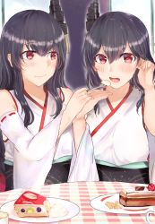 Rule 34 | 2girls, bad id, bad twitter id, black hair, cake, commentary request, detached sleeves, feeding, food, fork, fusou (kancolle), hair ornament, highres, kantai collection, long hair, miyako (rgrayt), multiple girls, red eyes, short hair, upper body, wide sleeves, yamashiro (kancolle)