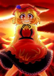 Rule 34 | 1girl, aki minoriko, arms behind back, blonde hair, cloud, dress, eyebrows, female focus, food, food-themed clothes, fruit, fun bo, grapes, grin, hat, neck ribbon, outdoors, red eyes, ribbon, short hair, sky, smile, solo, sunset, thick eyebrows, touhou, wheat, wide-eyed