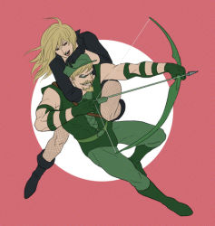 Rule 34 | 1boy, 1girl, arrow (projectile), black canary, black footwear, blonde hair, boots, bow (weapon), dc comics, domino mask, facial hair, fishnets, full body, gb (doubleleaf), gloves, goatee, green arrow, green arrow (series), green footwear, hat, hetero, hug, hug from behind, leotard, long sleeves, marksman, mask, oliver queen, open mouth, shoes, sleeveless, smile, weapon