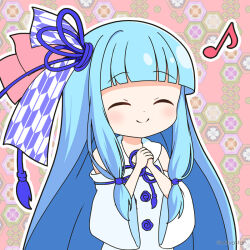 Rule 34 | 1girl, ^ ^, bare shoulders, blue hair, closed eyes, closed mouth, commentary request, detached sleeves, dress, eighth note, facing viewer, kotonoha aoi, long hair, long sleeves, mitya, musical note, outline, own hands together, pink background, sidelocks, smile, solo, very long hair, voiceroid, white dress, white outline, wide sleeves, yagasuri
