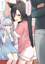 Rule 34 | 1boy, 2girls, animal ears, black hair, black shirt, blue dress, blue eyes, brown eyes, cat ears, cat girl, cat tail, commentary request, crossed arms, cup, dress, drinking, fang, green hairband, green ribbon, grey pants, hair between eyes, hair ribbon, hairband, holding, holding cup, indoors, long hair, long sleeves, mug, multiple girls, open mouth, original, pants, pink shirt, ribbon, shirt, short shorts, short sleeves, shorts, silver hair, sleeves past wrists, standing, stiff tail, tail, tokuno yuika, translation request, v-shaped eyebrows, very long hair, white shorts