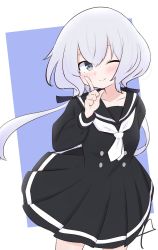 Rule 34 | 1girl, ;), black dress, black sailor collar, blue background, blush, closed mouth, collarbone, dress, eyebrows hidden by hair, grey eyes, grey hair, hair between eyes, hand up, highres, index finger raised, konno junko, kujou karasuma, long hair, long sleeves, looking at viewer, low twintails, neckerchief, one eye closed, pleated dress, sailor collar, sailor dress, signature, smile, solo, twintails, two-tone background, very long hair, white background, white neckerchief, zombie land saga