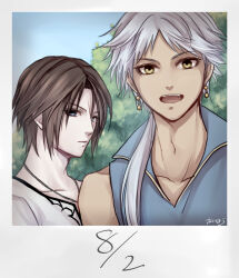 Rule 34 | 2boys, beads, blue eyes, blue shirt, blue sky, brown hair, commentary, dangle earrings, dark skin, dated, dissidia final fantasy, earrings, final fantasy, final fantasy ii, final fantasy viii, firion, grey hair, high collar, hiryuu (kana h), jewelry, leaf, long hair, looking at viewer, male focus, multiple boys, necklace, open mouth, outdoors, photo (object), roman numeral, scar, scar on face, shirt, short hair, signature, sky, sleeveless, sleeveless shirt, smile, squall leonhart, standing, tree, upper body, v-neck, white shirt, yellow eyes