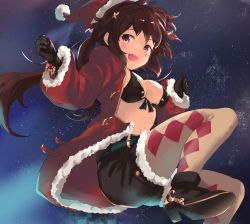 Rule 34 | 1girl, argyle, argyle clothes, argyle legwear, belt, black gloves, blush, breasts, brown hair, cang you xi, christmas, cleavage, gloves, hair ornament, hairclip, hat, high heels, large breasts, long hair, mistletoe, navel, original, pantyhose, red eyes, red hat, santa costume, santa hat, smile, solo, twintails