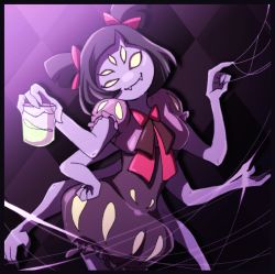 Rule 34 | 1girl, bow, colored skin, extra arms, extra eyes, fangs, arthropod girl, monster girl, muffet, purple skin, ribbon, solo, spider girl, undertale