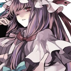 Rule 34 | 1girl, female focus, hair ribbon, hina (pico), long hair, lowres, patchouli knowledge, purple hair, red eyes, ribbon, solo, touhou, white background, wink