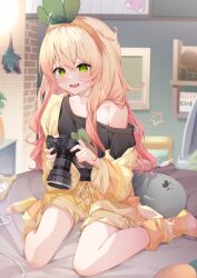 Rule 34 | 1girl, absurdres, bedroom, black shirt, blonde hair, camera, commentary, gradient hair, green eyes, hairband, highres, holding, holding camera, hololive, indoors, jacket, long hair, looking at object, loose socks, loungewear, messy hair, momosuzu nene, multicolored hair, nekko (momosuzu nene), off shoulder, official alternate costume, open clothes, open jacket, orange hairband, orange jacket, pink hair, pola (1021), shirt, shorts, single bare shoulder, sitting, socks, striped clothes, striped jacket, t-shirt, virtual youtuber, waking up, wariza, yellow jacket, yellow shorts