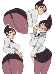 Rule 34 | 1girl, absurdres, adjusting eyewear, ass, beehive hairdo, breasts, glasses, hand on own hip, highres, juliet sleeves, large breasts, leaning forward, long sleeves, mole, mole under mouth, mrs. victoria (skullgirls), multiple views, panties, pantyhose, puffy sleeves, red lips, skirt, skullgirls, smile, solo, teacher, toshinoshin, underwear, white background