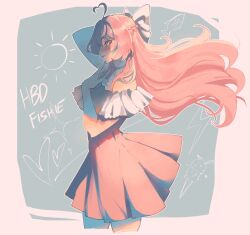 Rule 34 | 1girl, ahoge, blush, borrowed character, choker, closed mouth, dress, from side, gift art, heart, heart ahoge, highres, long hair, looking at viewer, nyantcha, pink dress, pink eyes, pink hair, profile, smile, solo, standing