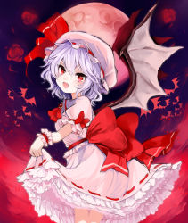 Rule 34 | 10ri, 1girl, ascot, bat (animal), bat wings, blue hair, brooch, clothes lift, dress, dress lift, full moon, hat, hat ribbon, jewelry, looking at viewer, mob cap, moon, open mouth, pink dress, puffy sleeves, red eyes, red moon, remilia scarlet, ribbon, sash, short sleeves, smile, solo, tori (10ri), touhou, wings, wrist cuffs