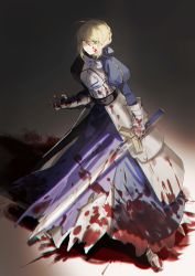 Rule 34 | 1girl, absurdres, ahoge, armor, armored dress, artoria pendragon (all), artoria pendragon (fate), blonde hair, blood, blood on clothes, blood on face, blue ribbon, braid, braided bun, breastplate, bsq, excalibur (fate/stay night), fate/grand order, fate (series), gauntlets, green eyes, hair bun, hair ribbon, heterochromia, highres, holding, holding sword, holding weapon, plackart, ribbon, saber (fate), single hair bun, solo, sword, weapon, yellow eyes