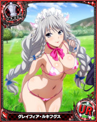 Rule 34 | 1girl, bikini, braid, breasts, card (medium), chess piece, cleavage, grayfia lucifuge, grey eyes, grey hair, high school dxd, large breasts, long hair, maid headdress, matching hair/eyes, mature female, navel, official art, queen (chess), smile, swimsuit, twin braids, underboob