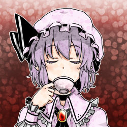 Rule 34 | 1girl, bad id, bad pixiv id, closed eyes, cup, drinking, female focus, hat, hat ribbon, jewelry, lowres, maita, pointy ears, portrait, purple hair, remilia scarlet, ribbon, solo, teacup, touhou, wrist cuffs