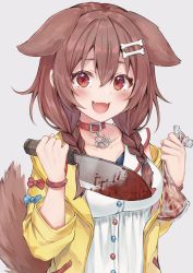 Rule 34 | 1girl, :d, absurdres, animal ears, bag, blood, blush, bone hair ornament, bracelet, braid, breasts, brown eyes, brown hair, censored, collar, collarbone, dog ears, dog girl, dog tail, fangs, grey background, hair between eyes, hair ornament, highres, hololive, hyouta (yoneya), inugami korone, inugami korone (1st costume), jacket, jewelry, knife, large breasts, long hair, looking at viewer, low twin braids, mosaic censoring, open mouth, plastic bag, red collar, severed finger, simple background, smile, solo, tail, twin braids, upper body, virtual youtuber, yellow jacket