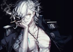 Rule 34 | 1boy, cigarette, edmond dantes (fate), eyelashes, fate/grand order, fate (series), hair ornament, hairpin, holding, jacket, jewelry, koshika rina, long hair, male focus, necklace, one eye covered, open mouth, smile, solo, wavy hair, white hair, yellow eyes