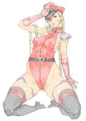 Rule 34 | 1girl, alternate costume, belt, blonde hair, blue eyes, braid, breasts, cammy white, capcom, cosplay, covered erect nipples, fingerless gloves, from below, full body, gloves, grey eyes, hat, impossible clothes, kneeling, kyuraa (kyura9een), legs, leotard, lips, long hair, looking at viewer, m. bison, m bison (cosplay), medium breasts, military, military uniform, open mouth, red leotard, salute, scar, shoulder pads, sideboob, simple background, solo, spread legs, street fighter, street fighter iv (series), thighhighs, twin braids, uniform, white background