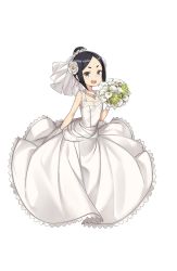 Rule 34 | 1girl, :d, arm at side, bare shoulders, black eyes, black hair, bouquet, dress, earrings, flower, full body, gloves, hair bun, hair flower, hair ornament, highres, holding, holding bouquet, jewelry, looking at viewer, necklace, official art, open mouth, princess principal, princess principal game of mission, short hair, single hair bun, smile, solo, toudou chise, transparent background, wedding dress, white dress, white gloves