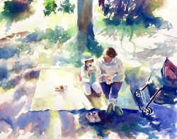 Rule 34 | 2girls, baby carrier, cloud, cloudy sky, day, didi daisukedoi, grass, highres, mother and daughter, multiple girls, original, painting (medium), picnic, picnic blanket, shadow, shoes, sky, sunlight, traditional media, tree, unworn shoes, watercolor (medium)
