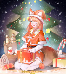 Rule 34 | 1girl, 2023, absurdres, belt, black belt, bow, bread, candy, candy cane, christmas, christmas tree, commentary request, fang, food, fruit, gift, gloves, goguhaku, hat, highres, holo, long hair, long sleeves, looking at viewer, merry christmas, one eye closed, open mouth, orange hair, red bow, red eyes, red shirt, santa costume, santa hat, seiza, shirt, sitting, skin fang, smile, solo, spice and wolf, tail, thighhighs, white gloves, white thighhighs