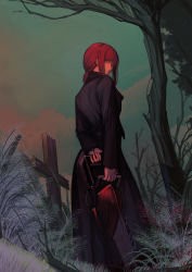 Rule 34 | 1girl, black jacket, blood, bloody weapon, braid, braided ponytail, brown hair, chainsaw man, cloud, dark clouds, graveyard, highres, holding, holding weapon, jacket, lckid2, light smile, long hair, long jacket, looking at viewer, looking back, makima (chainsaw man), night, night sky, ringed eyes, sky, smile, solo, tree, weapon