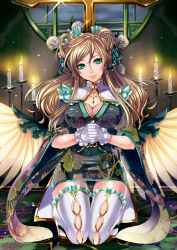 Rule 34 | 1girl, breasts, brown hair, candle, cleavage, cleavage cutout, clothing cutout, cross, dress, gloves, green eyes, hair ornament, jewelry, kneeling, large breasts, lips, looking at viewer, matsurika youko, necklace, original, own hands together, sengoku taisen, solo, thighhighs, white thighhighs, window, wings, zettai ryouiki