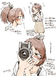 Rule 34 | 1girl, arrow (symbol), brown eyes, brown hair, brown skirt, camera, commentary request, cowboy shot, highres, kantai collection, looking at viewer, multiple views, official alternate costume, ponytail, shikinami (kancolle), shirt, short hair, skirt, suzunone rin, translation request, twitter username, upper body, white shirt