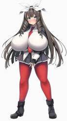 Rule 34 | 1girl, alternate breast size, black hair, blue eyes, commission, drill hair, full body, girls&#039; frontline, hair ribbon, highres, looking at viewer, pantyhose, red pantyhose, ribbon, skeb commission, solo, standing, tsumugie, type 64 (girls&#039; frontline), white background