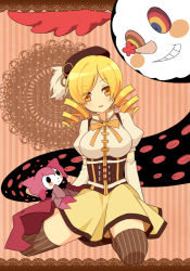 Rule 34 | 10s, 1girl, bad id, bad pixiv id, beret, blonde hair, boots, breasts, charlotte (madoka magica), corset, detached sleeves, drill hair, fingerless gloves, gloves, hair ornament, hat, kneeling, large breasts, magical girl, mahou shoujo madoka magica, mahou shoujo madoka magica (anime), pleated skirt, puffy sleeves, ribbon, riku675, shirt, skirt, taut clothes, taut shirt, thighhighs, tomoe mami, yellow eyes, zettai ryouiki