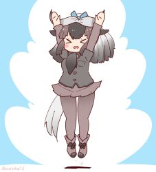 Rule 34 | 1girl, animal ears, arms up, black hair, black wildebeest (kemono friends), blue background, coroha, cow ears, cow girl, cow horns, cow tail, extra ears, full body, horns, jumping, kemono friends, long hair, looking at viewer, necktie, pantyhose, ribbon, shirt, shoes, simple background, skirt, solo, tail