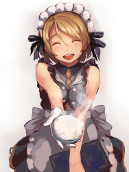 Rule 34 | 10s, 1girl, ^ ^, alternate costume, apron, between breasts, black dress, blonde hair, bowl, breasts, breasts squeezed together, brown hair, buttons, closed eyes, dress, foge, frilled apron, frills, gloves, hair between eyes, hair ribbon, highres, holding, holding bowl, koizumi hanayo, looking at viewer, love live!, love live! school idol festival, love live! school idol project, maid headdress, menu, necktie, necktie between breasts, one side up, open mouth, outstretched arm, ribbon, rice bowl, short hair, simple background, smile, solo, steam, swept bangs, waist apron, waitress, white apron, white background, white gloves, yellow necktie