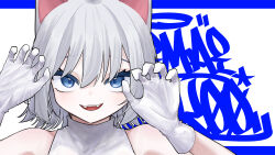 1girl absurdres animal_ears blue_background blue_eyes cat_ears cat_girl claw_pose gloves highres looking_at_viewer maimai_(game) milk_(maimai) open_mouth shirt short_hair sleeveless sleeveless_shirt smile solo tt_(mmk_lr) two-tone_background upper_body white_background white_gloves white_shirt