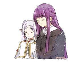 Rule 34 | 2girls, black robe, capelet, closed eyes, closed mouth, commentary request, earrings, elf, fern (sousou no frieren), frieren, jewelry, long hair, multiple girls, pointy ears, purple hair, robe, simple background, sleeping, sousou no frieren, thick eyebrows, twintails, twitter username, upper body, vt104k, white background, white capelet, white hair