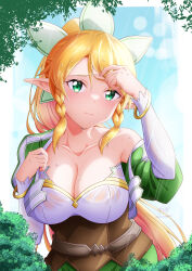 Rule 34 | 1girl, blonde hair, blush, braid, breasts, brown corset, cleavage, closed mouth, collarbone, commentary request, corset, elf, green eyes, hair between eyes, highres, ken-ji, large breasts, leafa, long hair, looking at viewer, pointy ears, ponytail, rain, shirt, signature, single bare shoulder, solo, sword art online, twin braids, very long hair, wet, wet clothes, wet hair, wet shirt