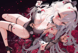 Rule 34 | ankle ribbon, beyumi, black nails, blood, blush, bow, breasts, cleavage, collar, cross hair ornament, detached sleeves, flower, frills, hair between eyes, hair ornament, hairband, large breasts, leg ribbon, legs, leotard, lying, nail polish, on back, original, patreon username, petals, red eyes, ribbon, spiked collar, spikes, thigh strap, thighs, white hair