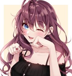 Rule 34 | 1girl, ;d, ahoge, black shirt, blue eyes, blush, clenched hands, collarbone, earrings, heart, heart earrings, ichinose shiki, idolmaster, idolmaster cinderella girls, jewelry, looking at viewer, nail polish, nyan, off shoulder, one eye closed, open mouth, purple hair, ring, sasakichi (ssk chi), shirt, simple background, smile, solo, two-tone background, upper body, yellow background