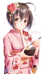 1girl 2021 absurdres ahoge black_hair blush bowl breasts brown_eyes chopsticks dot_nose eating floral_print_kimono flower food hair_flower hair_ornament happy_new_year highres holding holding_bowl holding_chopsticks idolmaster idolmaster_cinderella_girls idolmaster_cinderella_girls_starlight_stage japanese_clothes kimono kohinata_miho long_sleeves looking_at_viewer masuku_(saint_mask) medium_breasts mochi new_year obi obiage obijime pink_kimono plum_blossom_print red_flower sash short_hair simple_background solo upper_body white_background white_flower wide_sleeves zouni_soup