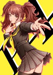 Rule 34 | 1girl, black shirt, black skirt, black thighhighs, brown hair, commentary request, copyright name, earrings, finger to mouth, fingernails, highres, jewelry, kujikawa rise, lips, long hair, long sleeves, looking at viewer, masatoshi 1219, neckerchief, parted lips, persona, persona 4, pink lips, pleated skirt, reaching, reaching towards viewer, school uniform, shirt, simple background, skirt, solo, thighhighs, twintails, uniform, v, w, yasogami school uniform, yellow background, yellow neckerchief