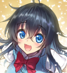 Rule 34 | 1girl, ahoge, black hair, blue eyes, blush, bow, bowtie, breasts, crossed bangs, electricity, hair between eyes, hisasi, long hair, looking at viewer, netoge no yome wa onna no ko janai to omotta?, official art, open mouth, red bow, red bowtie, short sleeves, simple background, smile, solo, sweater vest, tamaki ako, upper body