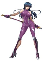 Rule 34 | 00s, 1girl, bodysuit, breasts, breasts apart, covered collarbone, female focus, full body, highres, holding, holding sword, holding weapon, igawa asagi, kagami hirotaka, large breasts, lilith-soft, looking at viewer, simple background, skin tight, smile, solo, standing, sword, taimanin (series), taimanin asagi, weapon, white background