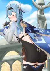 Rule 34 | 1girl, absurdres, artist request, ass, bare shoulders, blue hair, blush, breasts, cape, closed eyes, embarrassed, eula (genshin impact), from behind, genshin impact, gloves, highres, leaning, leaning forward, leotard, long hair, looking at viewer, railing, short shorts, shorts, sideboob, solo, thighhighs
