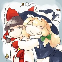 Rule 34 | 2girls, bow, closed mouth, closed eyes, gloves, green bow, hair bow, hakurei reimu, hat, hat bow, hat ribbon, hug, jpeg artifacts, kirisame marisa, leaf, mittens, multiple girls, red bow, red gloves, ribbon, smile, touhou, white bow, white ribbon, witch hat, yaise