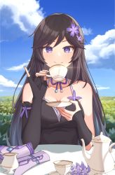Rule 34 | 1girl, absurdres, armband, blue sky, commentary, cup, day, erine rurie, hair ornament, highres, holding, holding cup, indie virtual youtuber, jl tan, long hair, long sleeves, original, outdoors, purple eyes, saucer, sitting, sky, smile, solo, table, teacup, upper body, virtual youtuber
