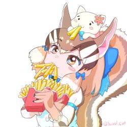 Rule 34 | 1girl, animal, animal ears, animal on head, brown eyes, brown hair, cat, cat on head, chipmunk ears, chipmunk girl, chipmunk tail, eating, extra ears, food, food in mouth, french fries, gloves, hair ornament, highres, holding, holding food, kemono friends, kemono friends v project, microphone, mouth hold, on head, ribbon, saival cat, shirt, shoboon, short hair, siberian chipmunk (kemono friends), simple background, tail, vest, virtual youtuber