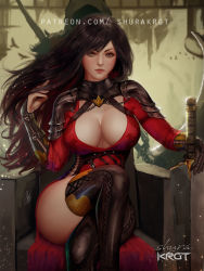 Rule 34 | 1girl, armor, artist name, black hair, breasts, chain, chair, cleavage, closed mouth, commission, crossed legs, dress, facing viewer, gloves, hands in hair, holding, holding sword, holding weapon, large breasts, long hair, looking at viewer, original, pauldrons, red dress, shoulder armor, shurakrgt, single glove, sword, thighhighs, thighs, weapon, yellow eyes