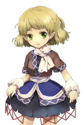 Rule 34 | 1girl, arm warmers, black dress, blonde hair, brown jacket, commentary request, cowboy shot, dress, green eyes, half updo, jacket, looking at viewer, mizuhashi parsee, multicolored clothes, multicolored jacket, open mouth, pointy ears, riinu (ir-n), sash, scarf, short hair, short ponytail, simple background, smile, solo, touhou, white background, white sash, white scarf