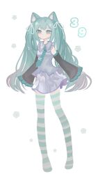 Rule 34 | 1girl, 39, absurdres, animal ears, aqua eyes, aqua hair, aqua necktie, aqua thighhighs, cat ears, closed mouth, commentary, detached sleeves, english commentary, full body, grey shirt, grey skirt, hatsune miku, highres, long hair, looking at viewer, miku day, necktie, nox (noxiesart), shirt, simple background, skirt, solo, striped clothes, striped thighhighs, thighhighs, twintails, vocaloid, white background, white thighhighs