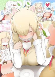 Rule 34 | 10s, 2girls, ?, afterimage, alpaca ears, alpaca suri (kemono friends), animal ear fluff, animal ears, bird wings, black hair, blonde hair, blush, closed eyes, comic, commentary request, cup, day, flipped hair, frilled sleeves, frills, full-face blush, fur collar, fur trim, gradient hair, hair over one eye, hair tubes, hayashi (l8poushou), head wings, heart, highres, imagining, japanese crested ibis (kemono friends), kemono friends, leaf, long hair, long sleeves, multi-tied hair, multicolored hair, multiple girls, neck ribbon, no mouth, red hair, ribbon, saliva, short hair, speech bubble, tea, teacup, thought bubble, tongue, tongue out, vest, white hair, wings