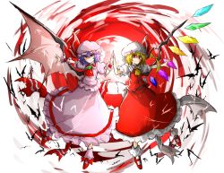 Rule 34 | 2girls, ascot, bad id, bad pixiv id, bat (animal), bat wings, blonde hair, bobby socks, bow, brooch, flandre scarlet, frilled skirt, frills, full moon, hat, hat bow, highres, holding hands, jewelry, kankan33333, long skirt, looking at viewer, mob cap, moon, multiple girls, open hand, outstretched arm, pink legwear, pink shirt, pink skirt, purple hair, red eyes, red footwear, red moon, red skirt, red sky, red vest, remilia scarlet, shaded face, shirt, shoes, short hair, short sleeves, siblings, side ponytail, single wing, sisters, skirt, skirt set, sky, smile, socks, touhou, vest, white legwear, white shirt, wings, wrist cuffs